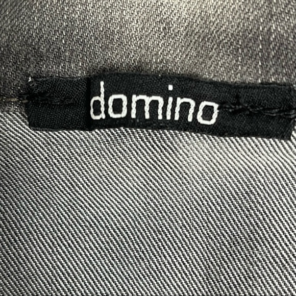 DOMINO women's black grey denim distressed moto jean jacket 3/4 sleeves, size M - Picture 3 of 13